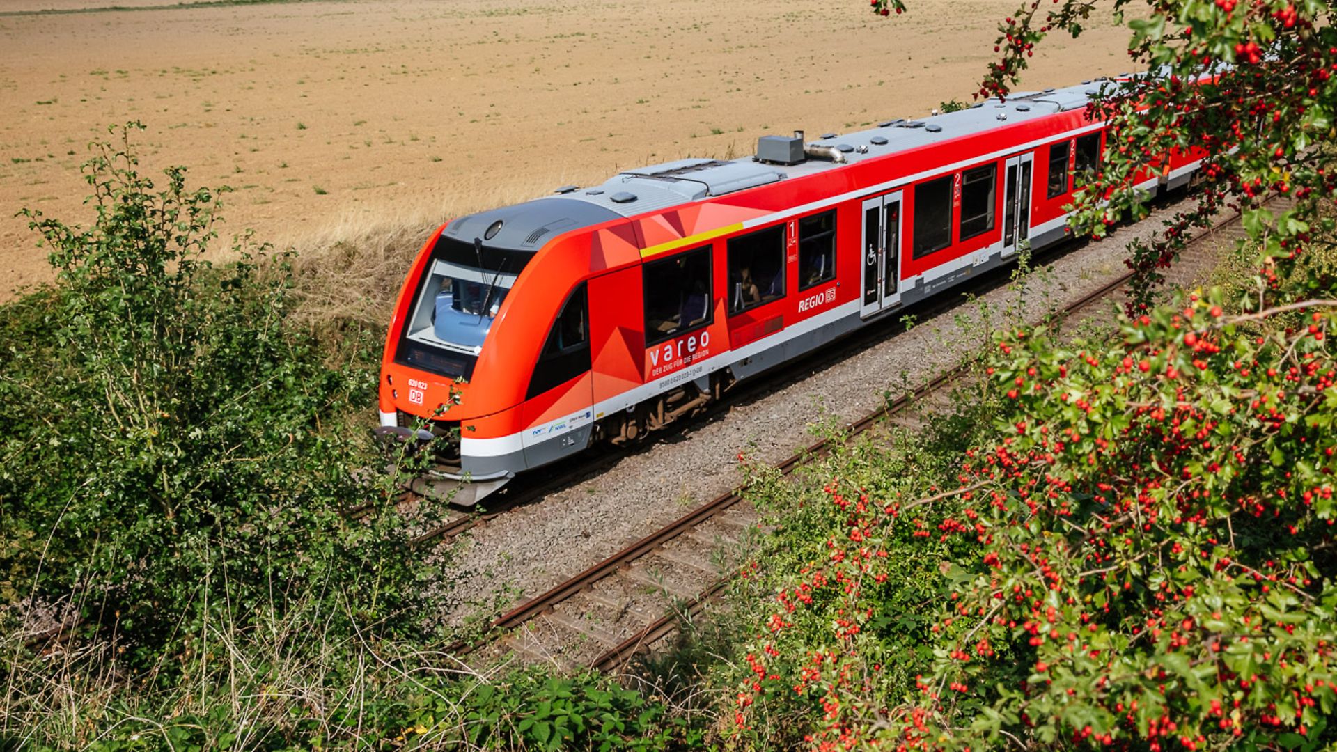 Blick auf einen vareo-Zug in der Voreifel - rechts davon ein Apfelbaum